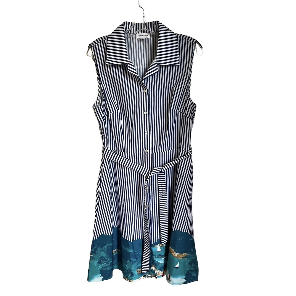 Chloe + Rene striped boat water scene shirt dress belted Size L midi